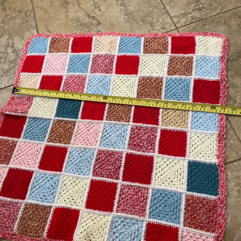Handmade Crochet Granny Square Baby Blanket Patchwork Red Blue White 25x26